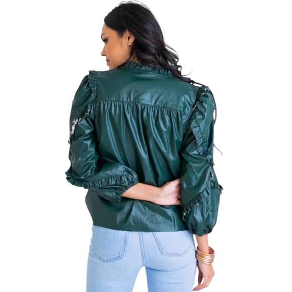 NEW KARLIE pleather ruffle sleeve top in green - Picture 3 of 3